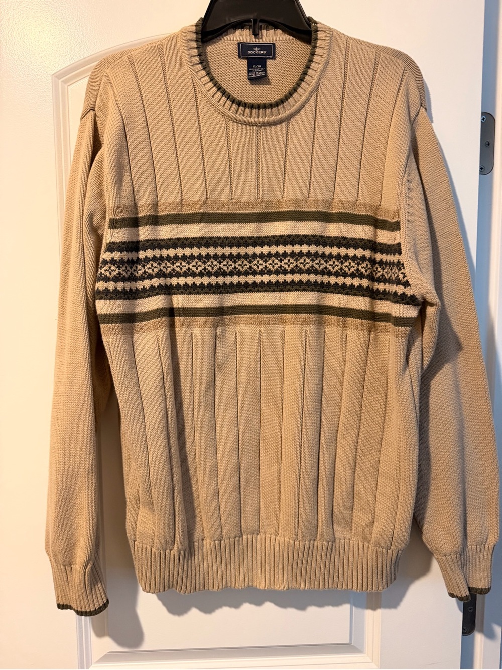Dockers Beige Crewneck Sweater with Olive and Black Chest Stripe